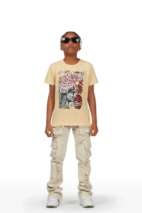 Boys Melvyn Beige T-Shirt/Super Stacked Flare Jean Set