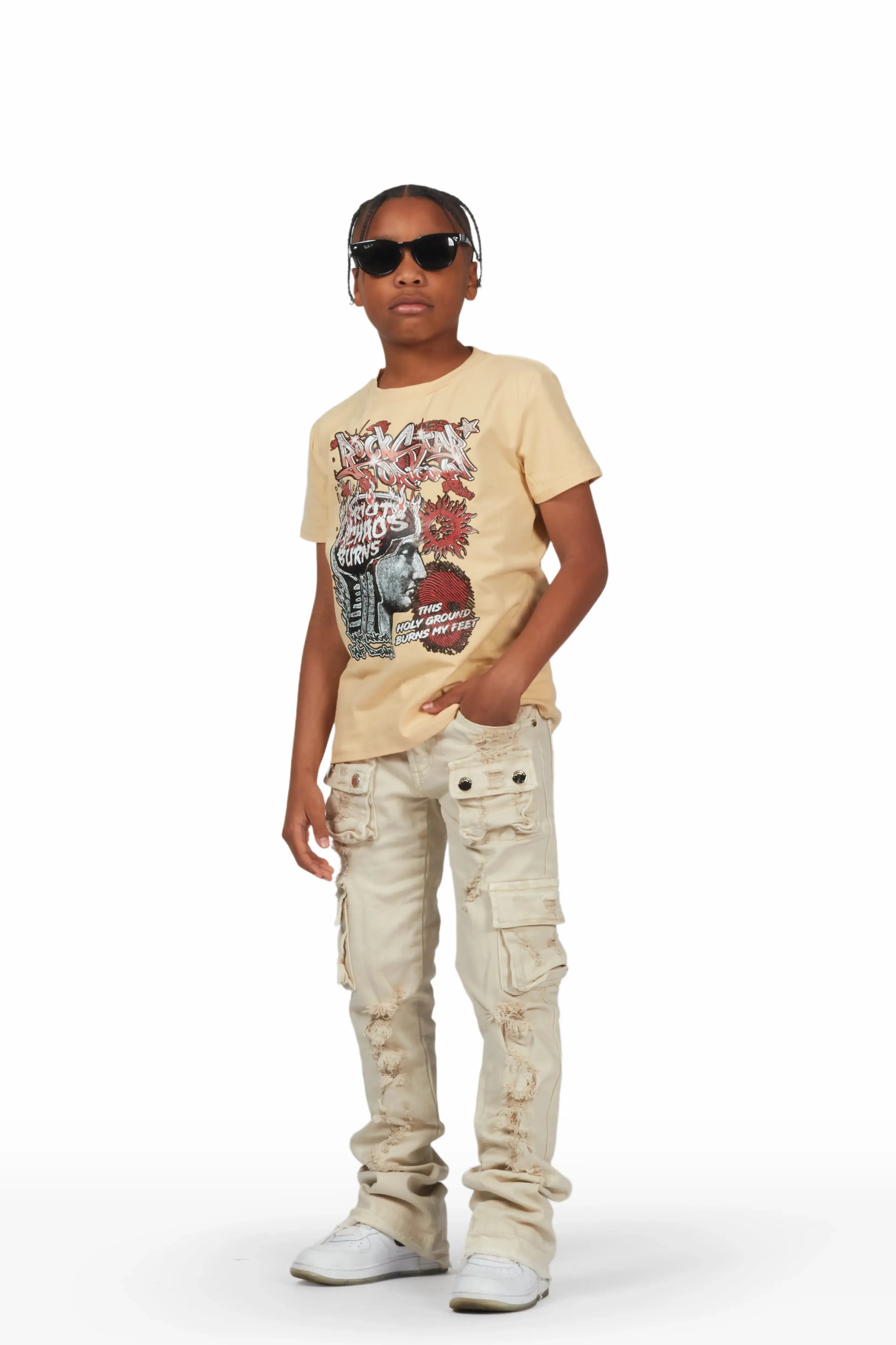 Boys Melvyn Beige T-Shirt/Super Stacked Flare Jean Set