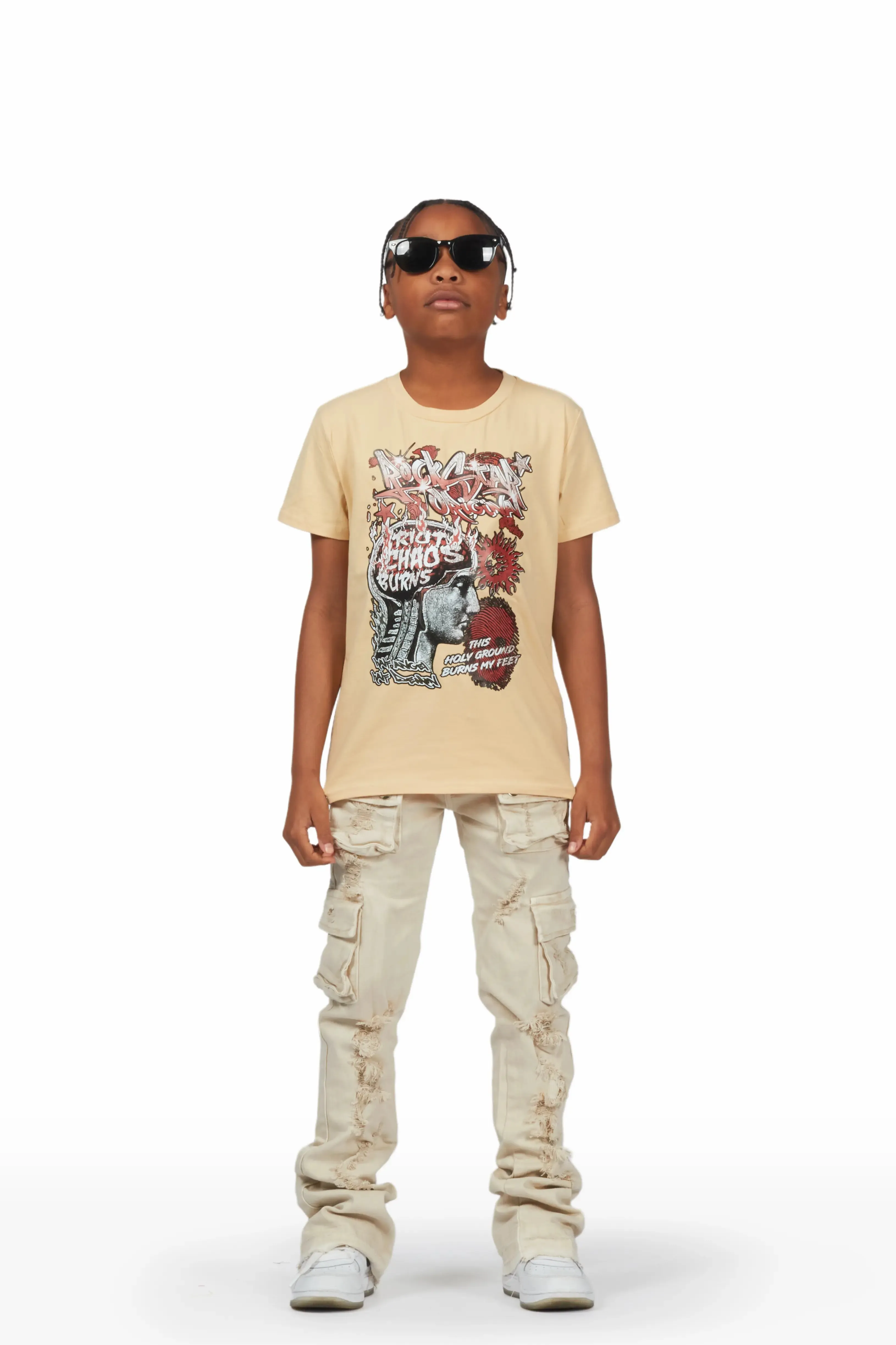 Boys Melvyn Beige T-Shirt/Super Stacked Flare Jean Set