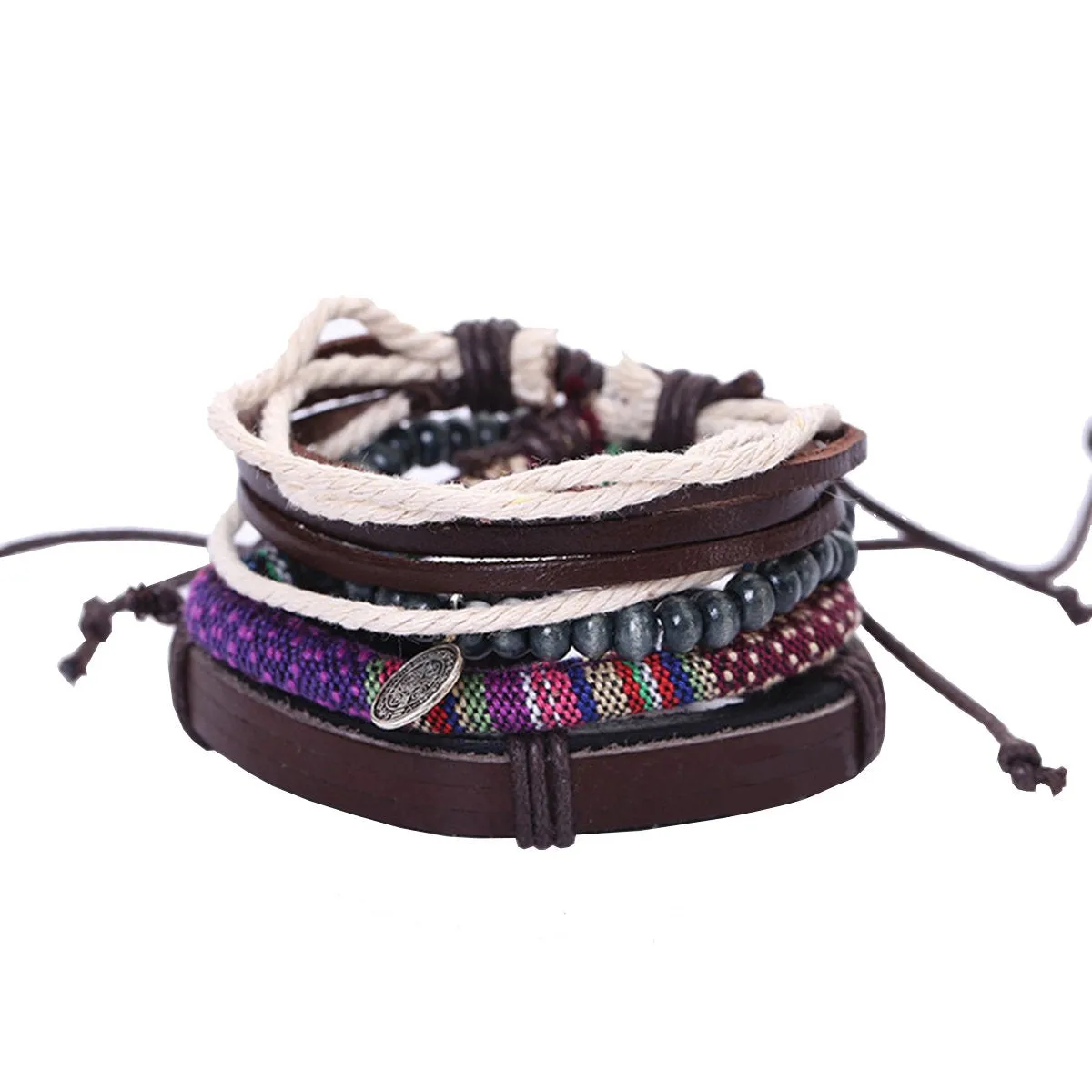 Braided Leather Charm Wrist Band Multi Strand Stackable Bracelet Men