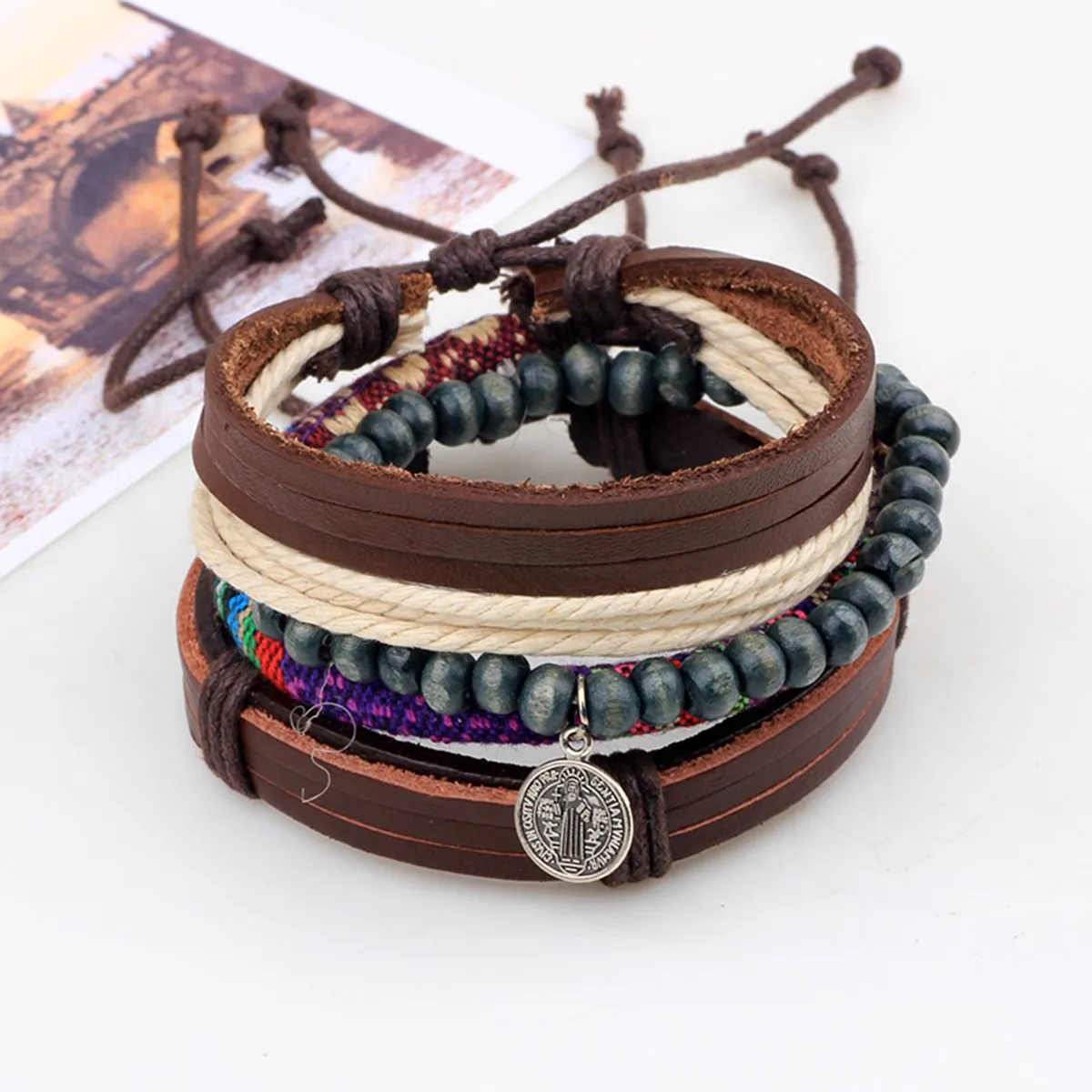 Braided Leather Charm Wrist Band Multi Strand Stackable Bracelet Men