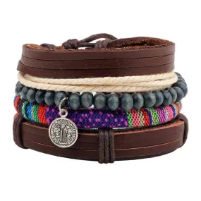 Braided Leather Charm Wrist Band Multi Strand Stackable Bracelet Men