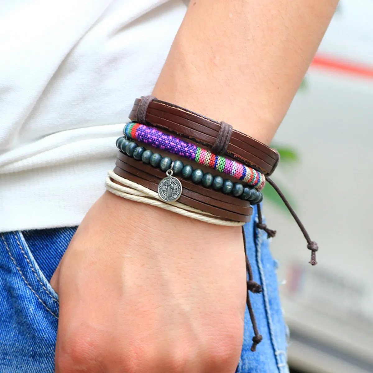 Braided Leather Charm Wrist Band Multi Strand Stackable Bracelet Men