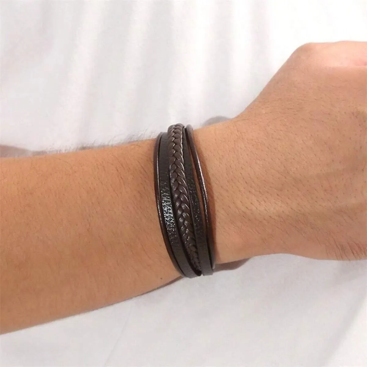 Braided Multi-Layer Brown Leather Wrist Wrap Band Bracelet