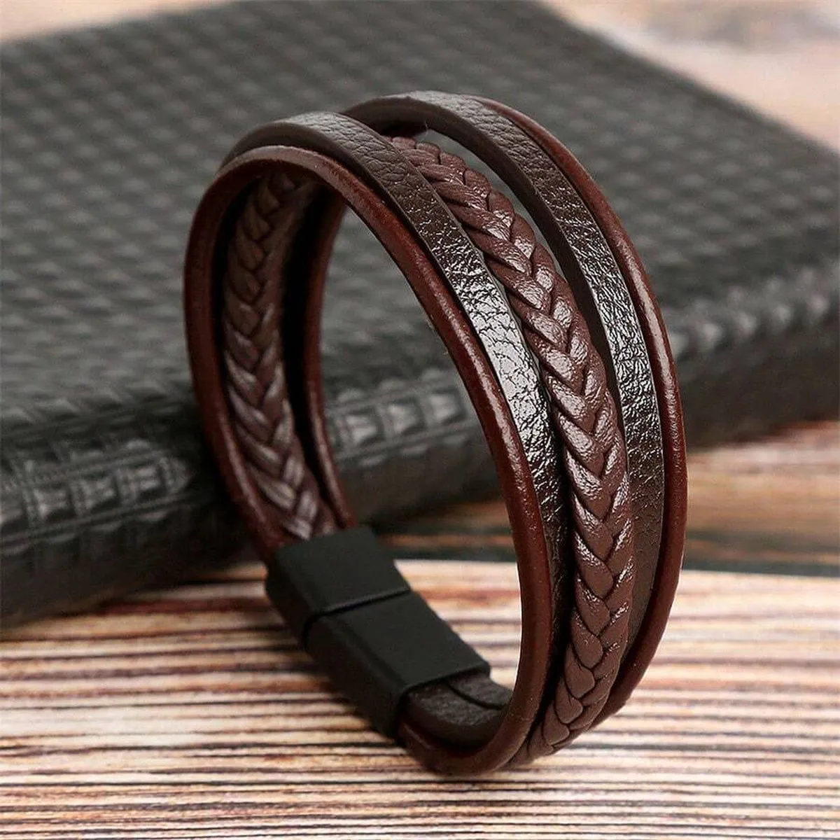 Braided Multi-Layer Brown Leather Wrist Wrap Band Bracelet