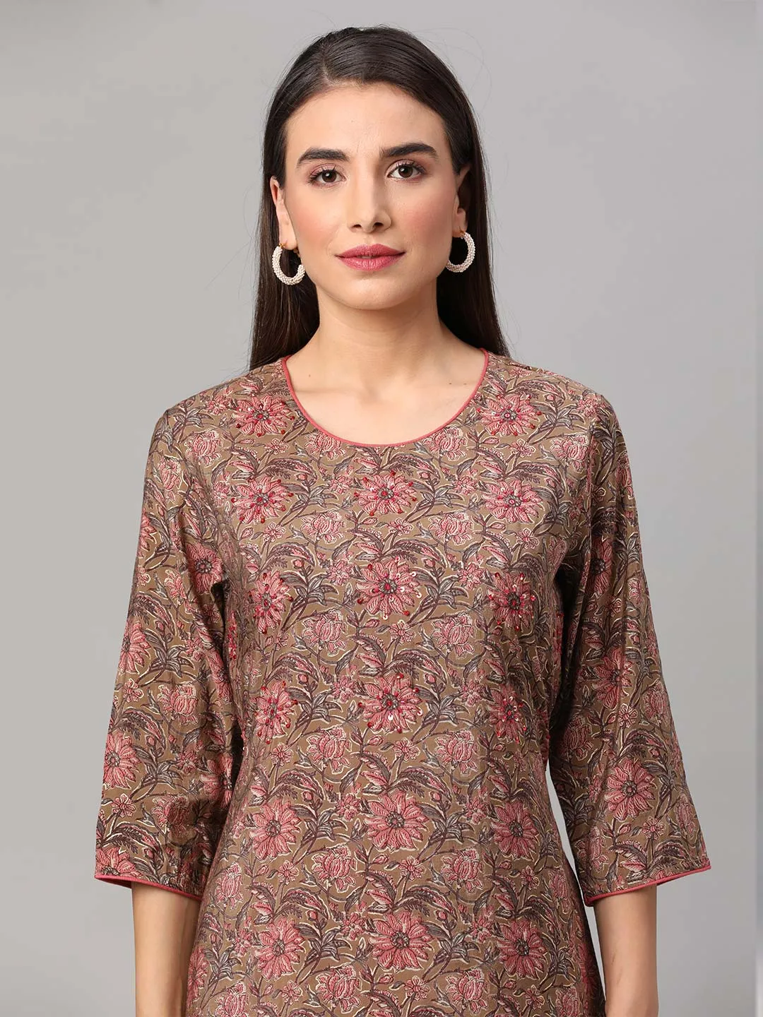 Brown Floral Kurta Trouser Dupatta