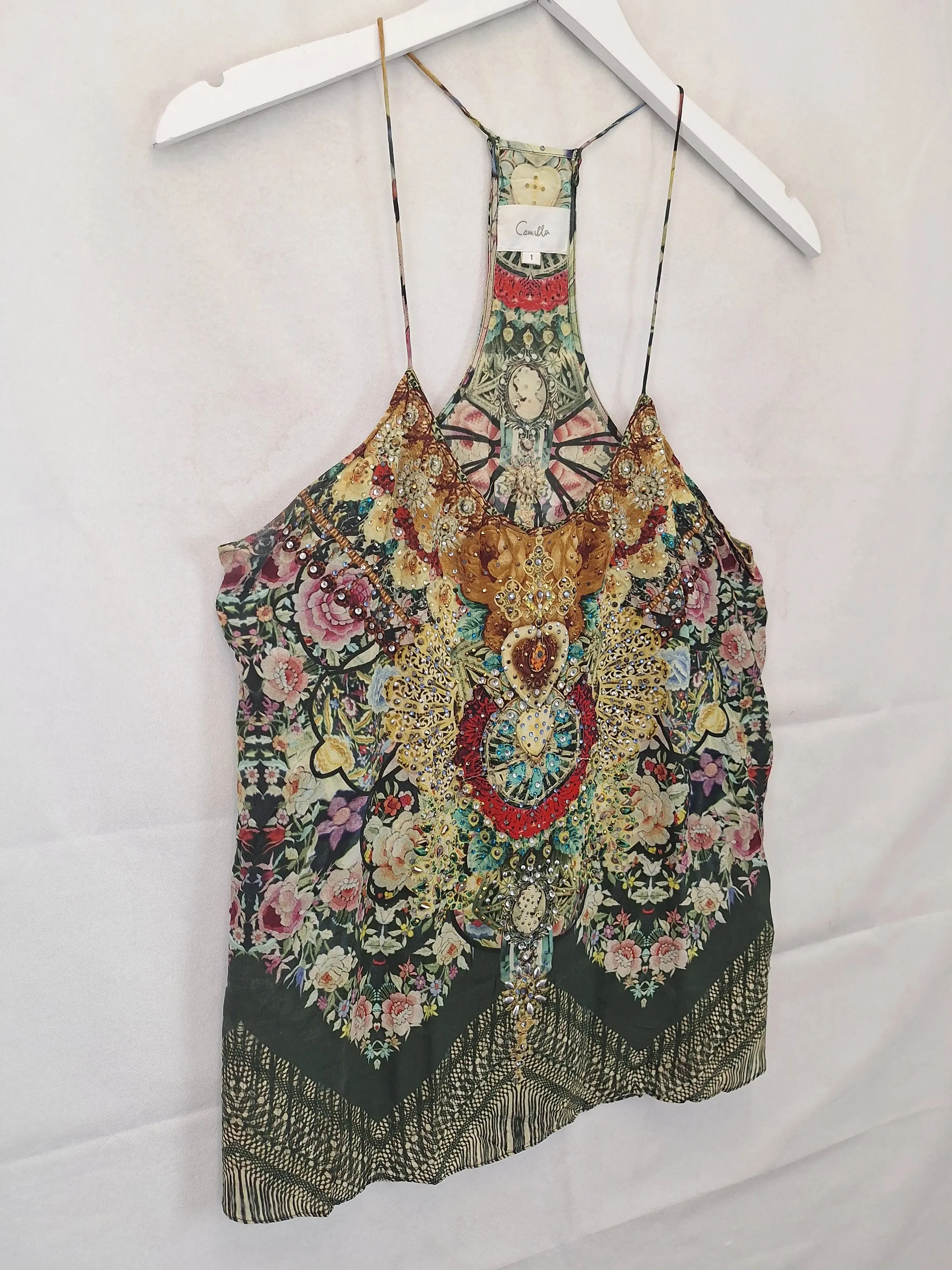 Camilla T Back Shoestring Embellished Silk Top Size 10