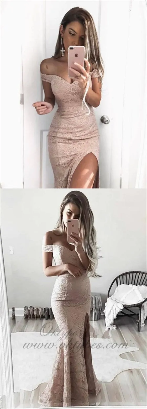 Charming Lace Off Shoulder Slit Prom Dresses, Popular Prom Dress, Evening Dress, TYP1157