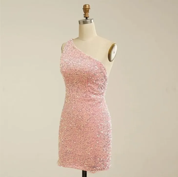 Charming Pink Sequin One Shoulder Backless Short Homecoming Dresses, HDS0073