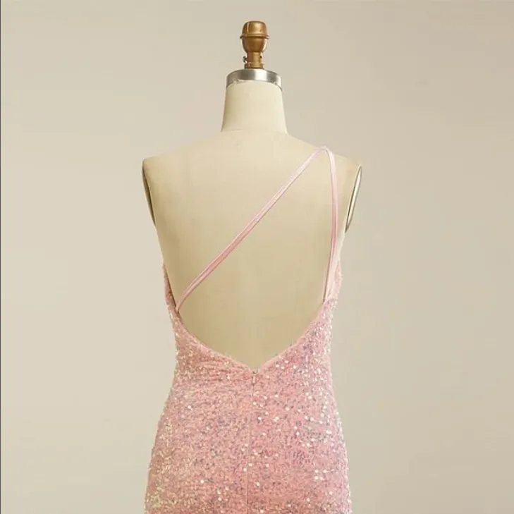 Charming Pink Sequin One Shoulder Backless Short Homecoming Dresses, HDS0073