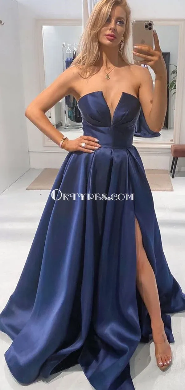 Charming Sweetheart Navy Satin Side Slit Long Cheap Prom Dresses, PDS0113