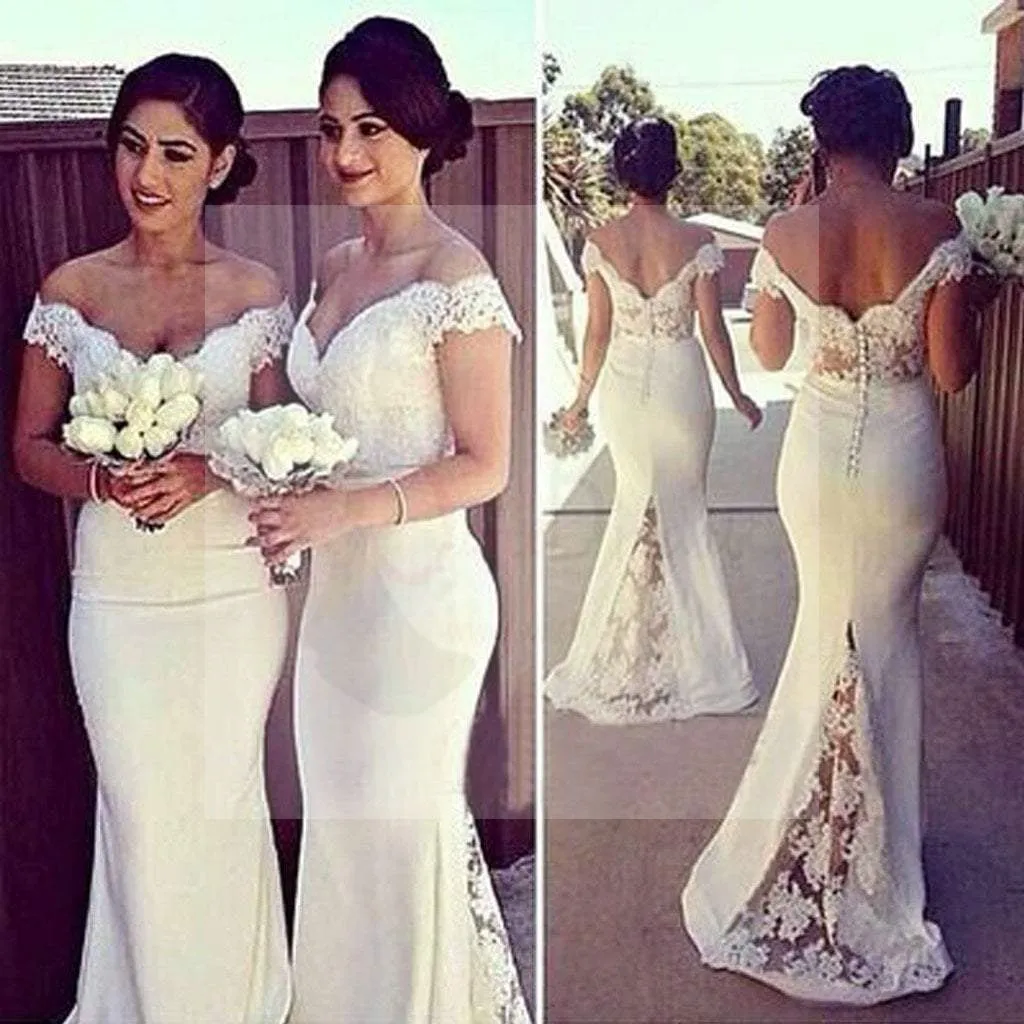 Charming White Long Cap Sleeve Lace Mermaid Sexy Long Bridesmaid Dresses, WG10