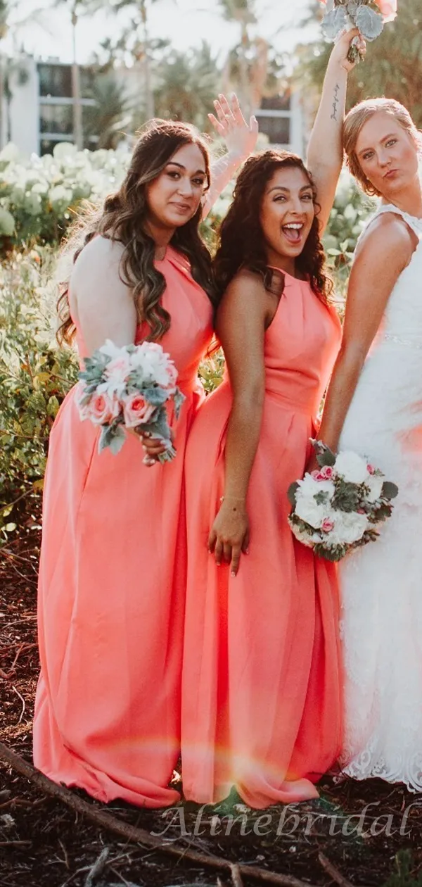 Coral Halter Pink Energetic Summer Bridesmaid Dress, BD3046