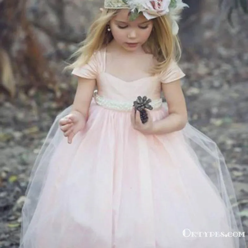 Cute Cap Sleeve Pink Tulle Beautiful Flower Girl Dresses with Pearl Belt Under 100, TYP1960