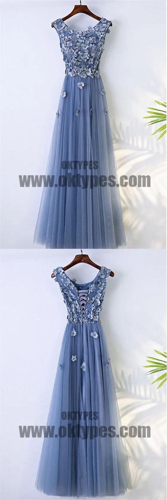 Cute V-Neck Applique Lace Up A-Line Long Tulle Prom Dress, Beautiful Prom Dress, TYP0484