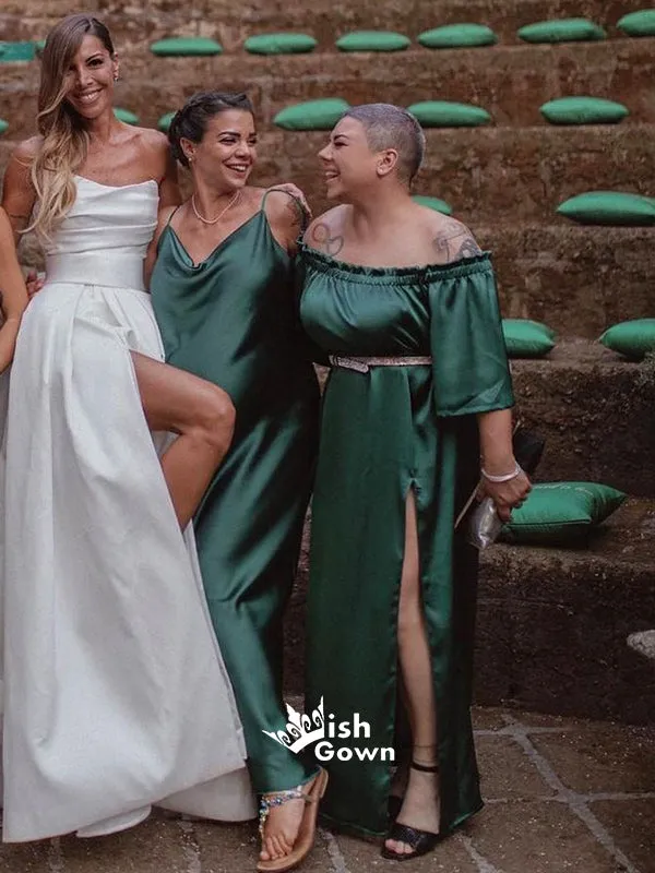 Dark Green Pleated Mismatched Soft Satin A-line Side Slit Bridesmaid Dresses, WGM052