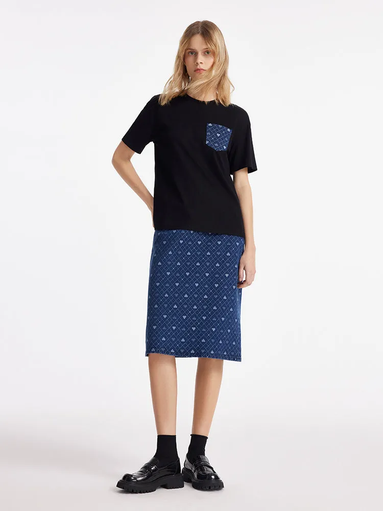 Denim Slit Heart Jacquard Women Skirt