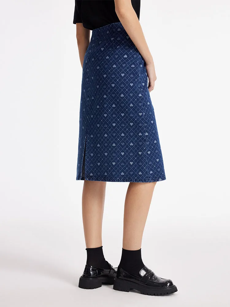 Denim Slit Heart Jacquard Women Skirt