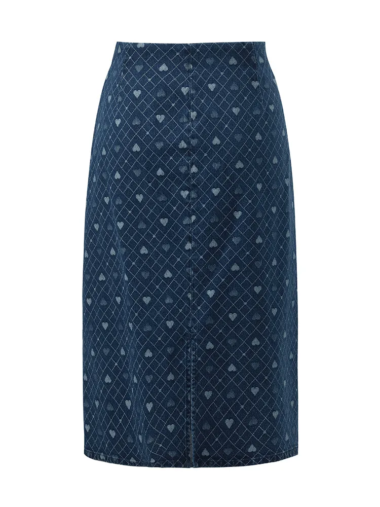 Denim Slit Heart Jacquard Women Skirt