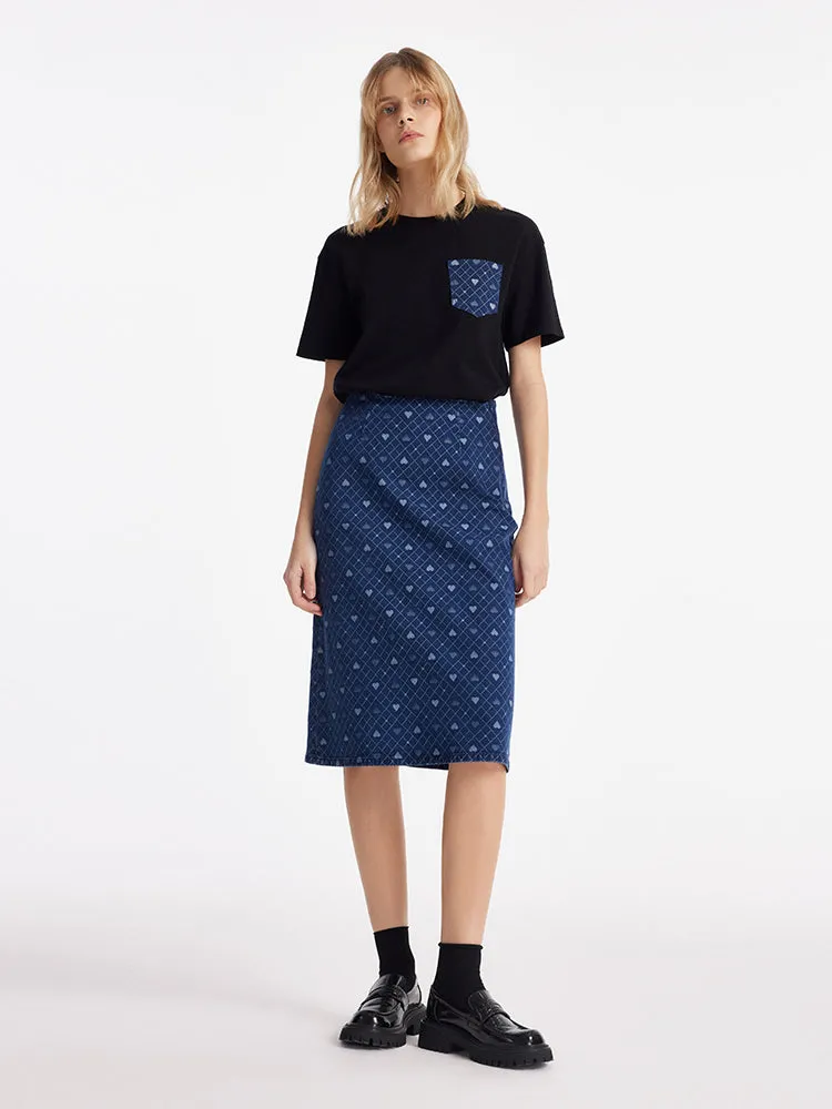 Denim Slit Heart Jacquard Women Skirt