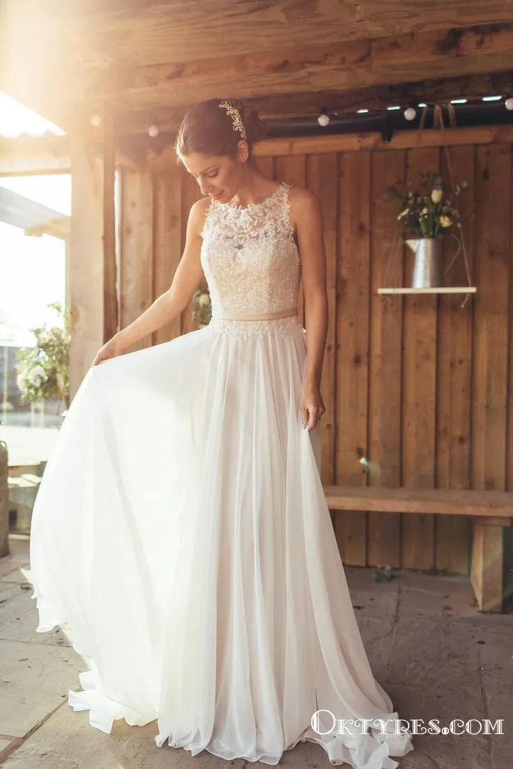 Elegant A-Line Round Neck White Chiffon with Lace,Beach Wedding Dresses, TYP1950