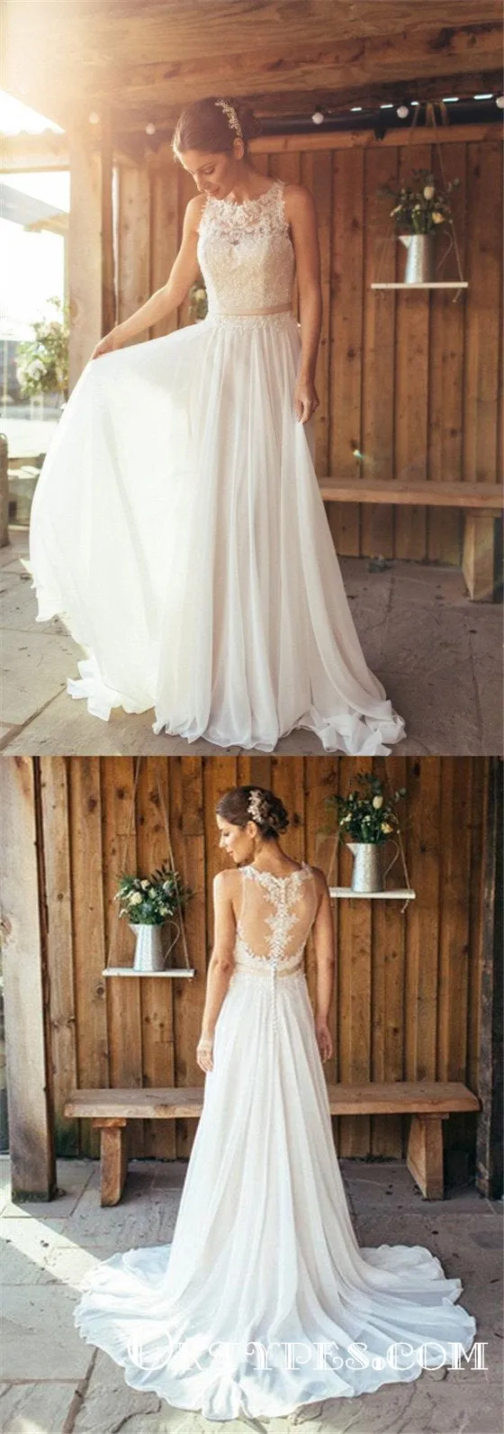 Elegant A-Line Round Neck White Chiffon with Lace,Beach Wedding Dresses, TYP1950