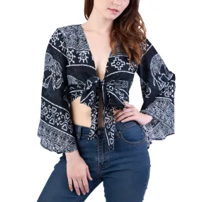 Elephant Women Boho Wrap Top - Casual Shirt - Black