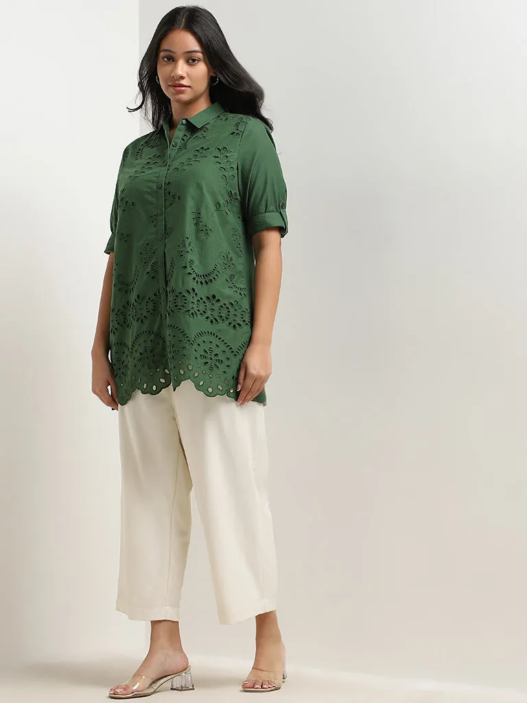 Gia Dark Green Schiffli Design Cotton Shirt