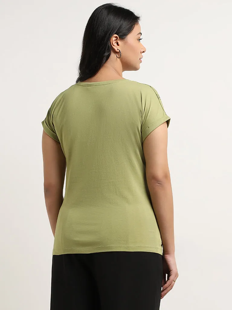 Gia Light Olive Botanical Design Cotton T-Shirt