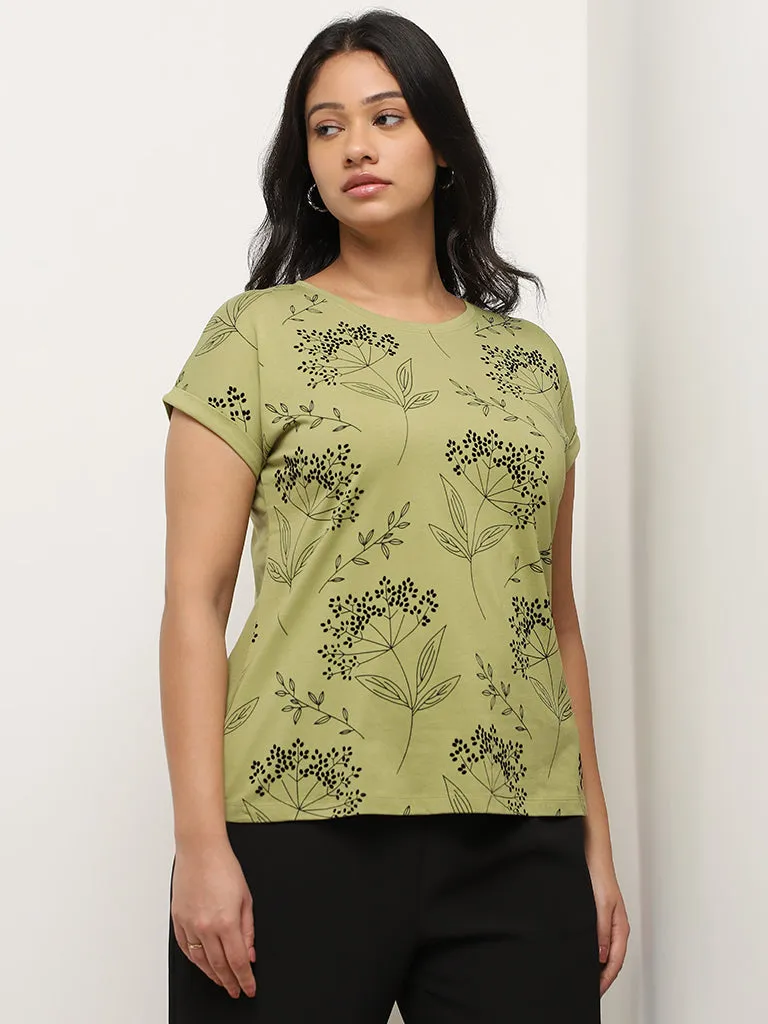 Gia Light Olive Botanical Design Cotton T-Shirt