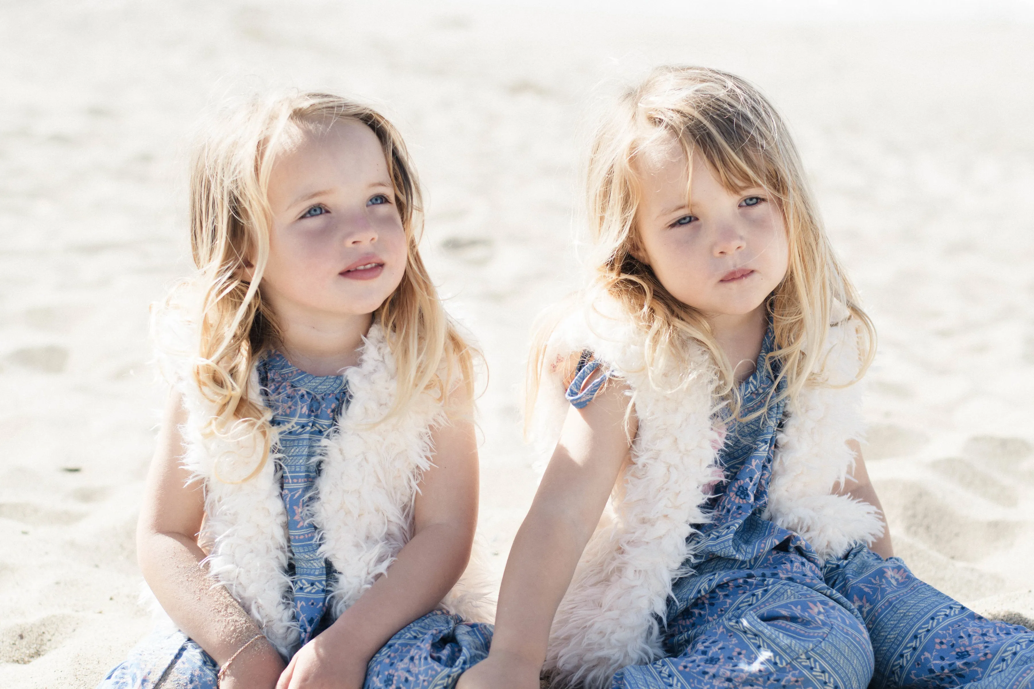 Girls White Faux Fur Vest | Flower Stripes Blue