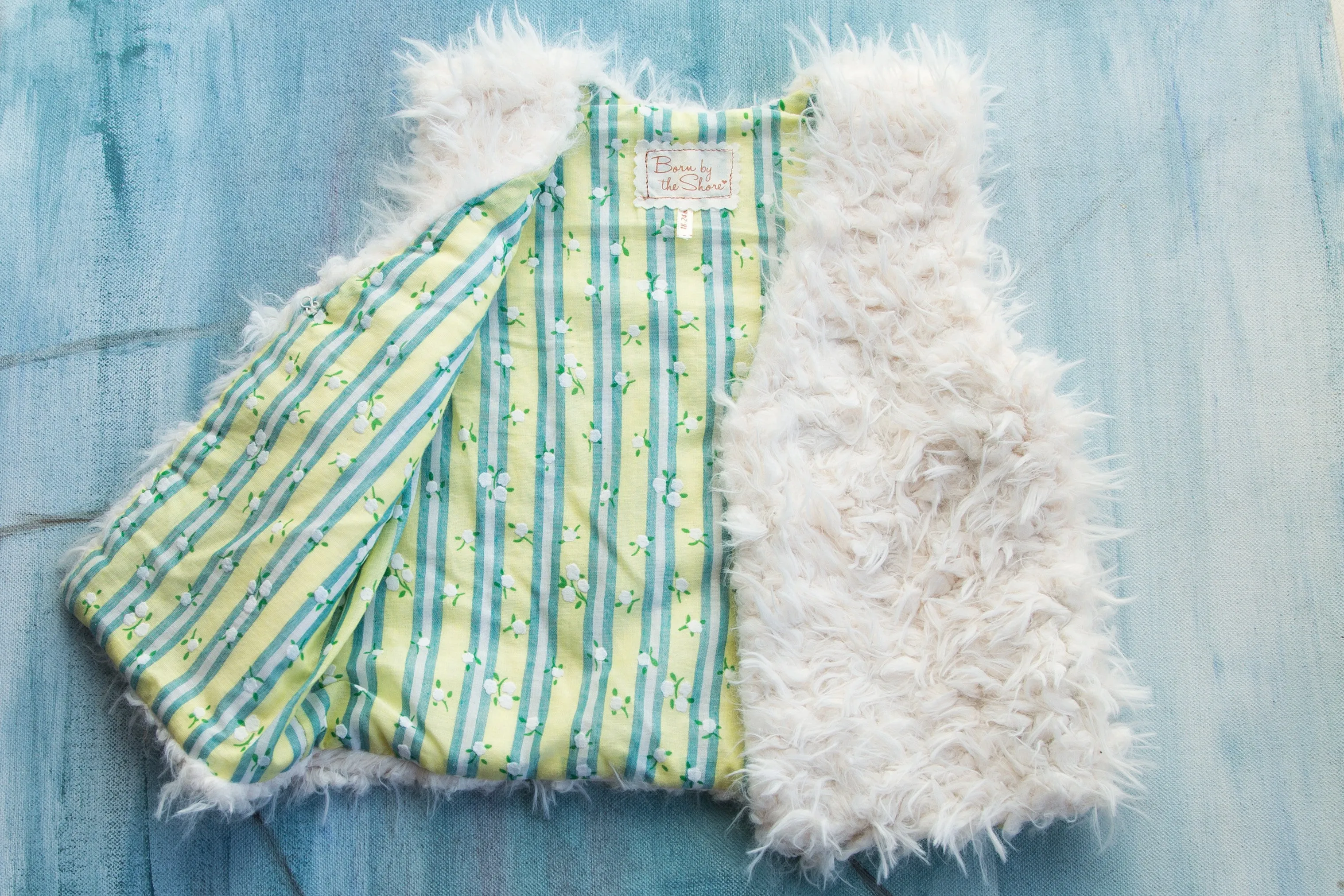 Girls White Faux Fur Vest | Flower Stripes Blue