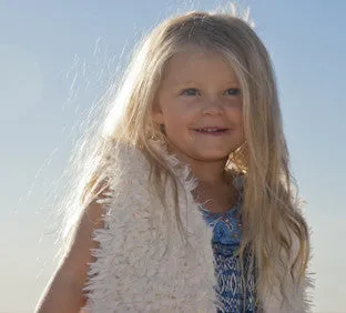 Girls White Faux Fur Vest | Flower Stripes Blue