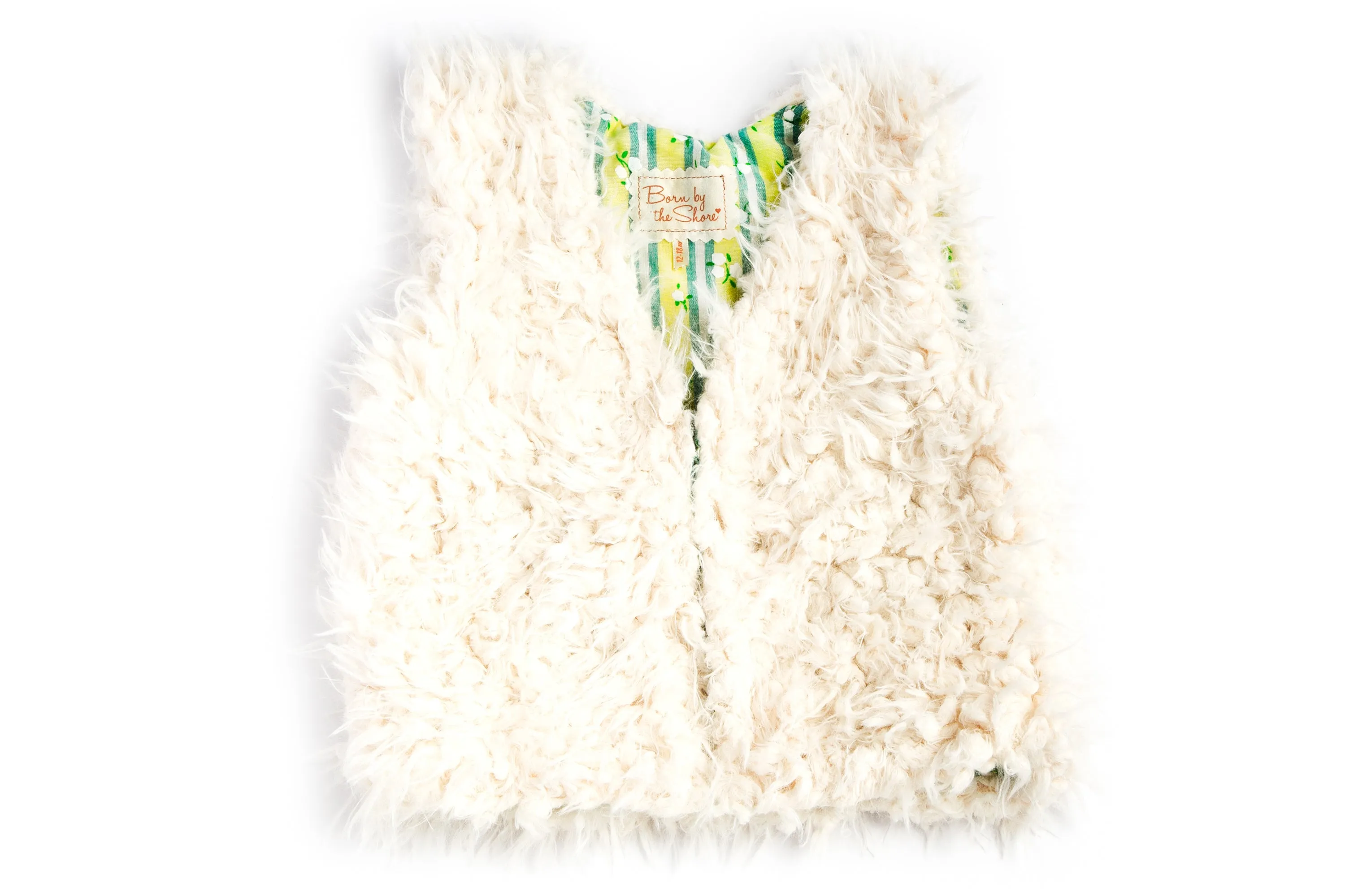 Girls White Faux Fur Vest | Flower Stripes Blue