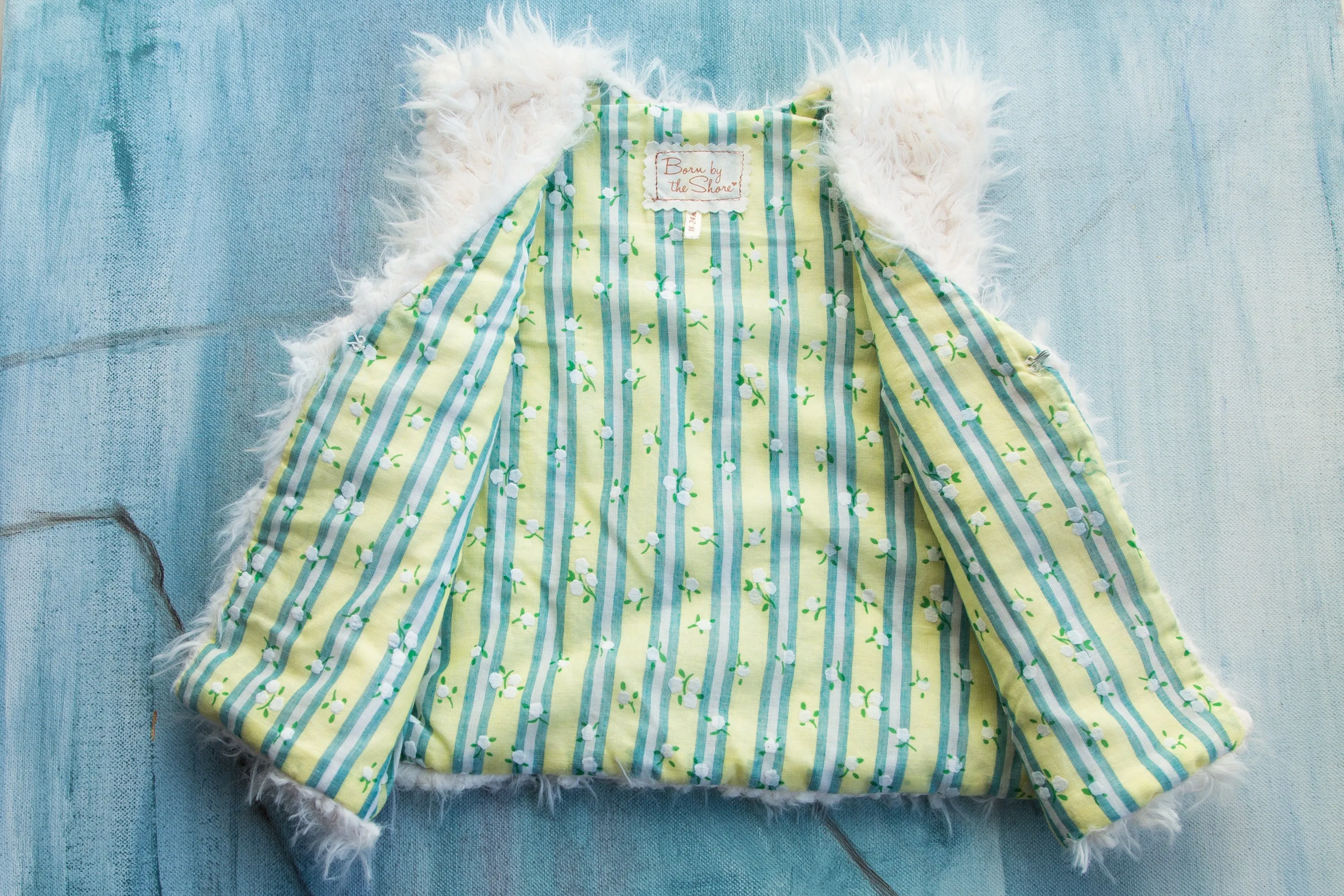 Girls White Faux Fur Vest | Flower Stripes Blue