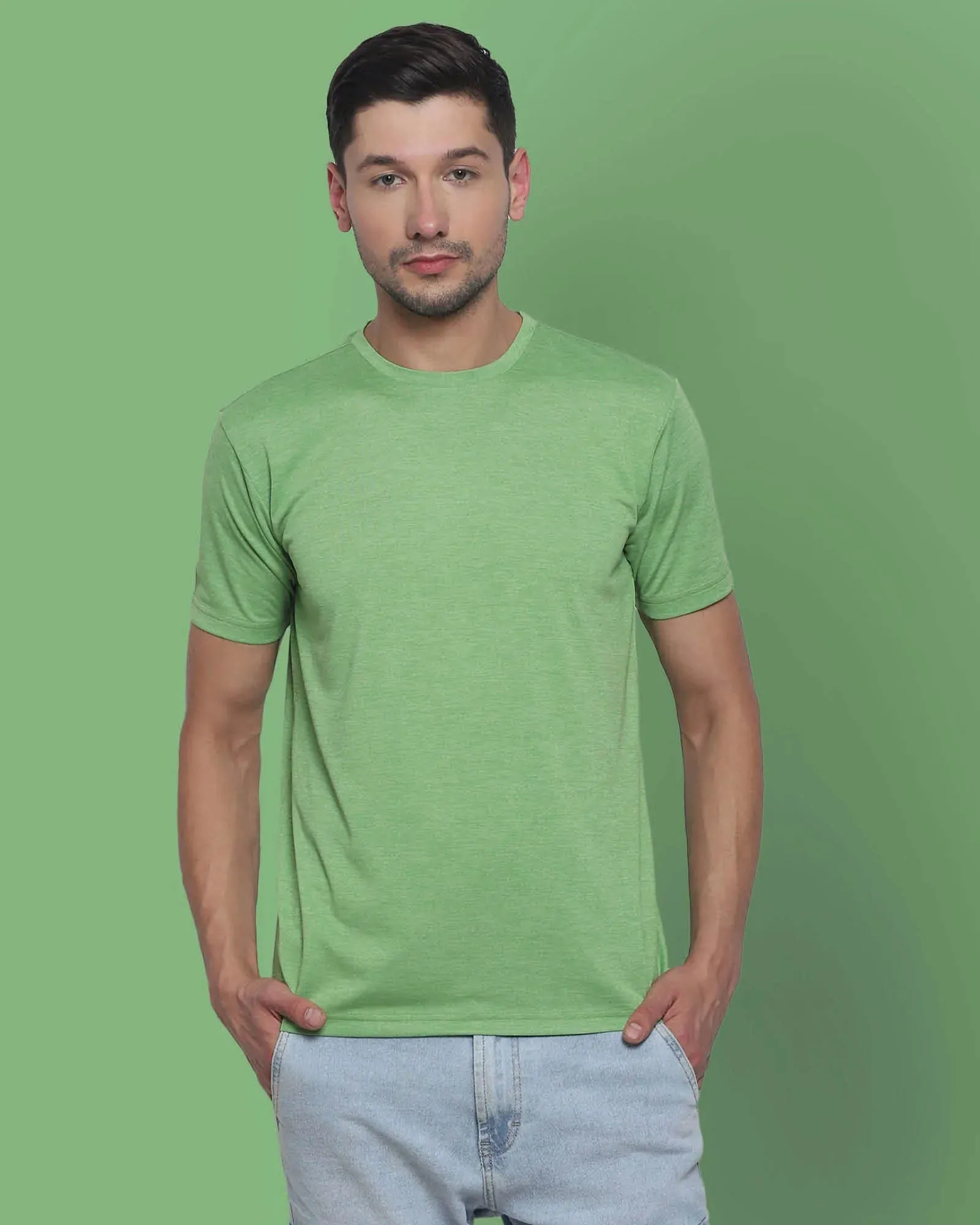 Half Sleeves Crew Neck: Spring Green Melange