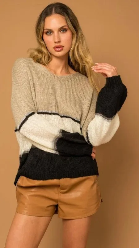 Hannah V-Neck Long Sleeve Color Block Sweater