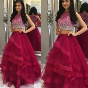 hot pink two piece prom dresses 2020 beaded high neck tiered elegant cheap graduation dresses prom gown