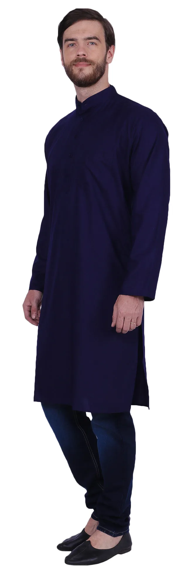 India Cotton Men's Long Kurta Indian Clothing Solid Color (Blue)