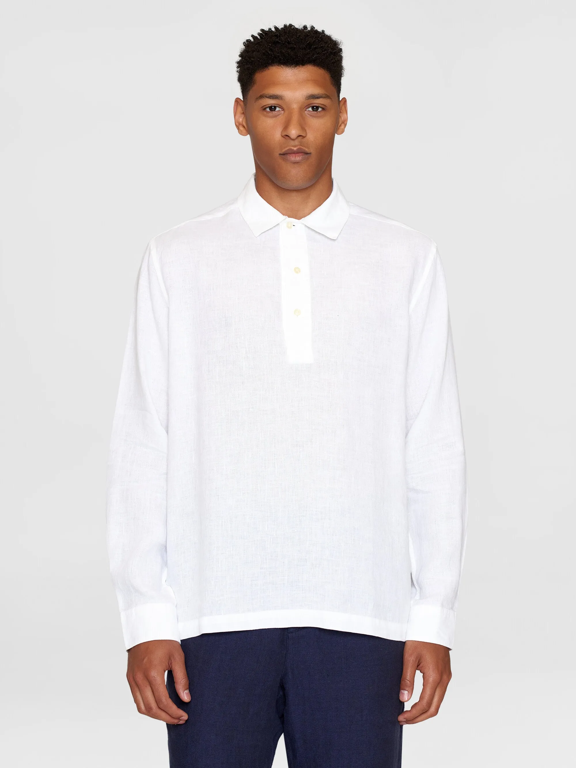 Loose linen polo shirt - GOTS/Vegan - Bright White