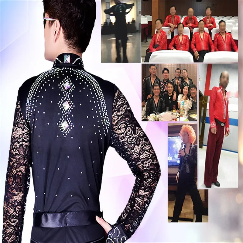 #M006 Mens Ballroom Latin Shirts Long Sleeve Lace V Collar - Samba -Cha Cha - Performance