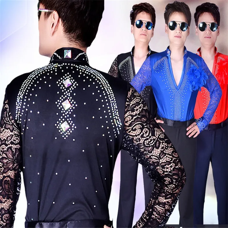 #M006 Mens Ballroom Latin Shirts Long Sleeve Lace V Collar - Samba -Cha Cha - Performance