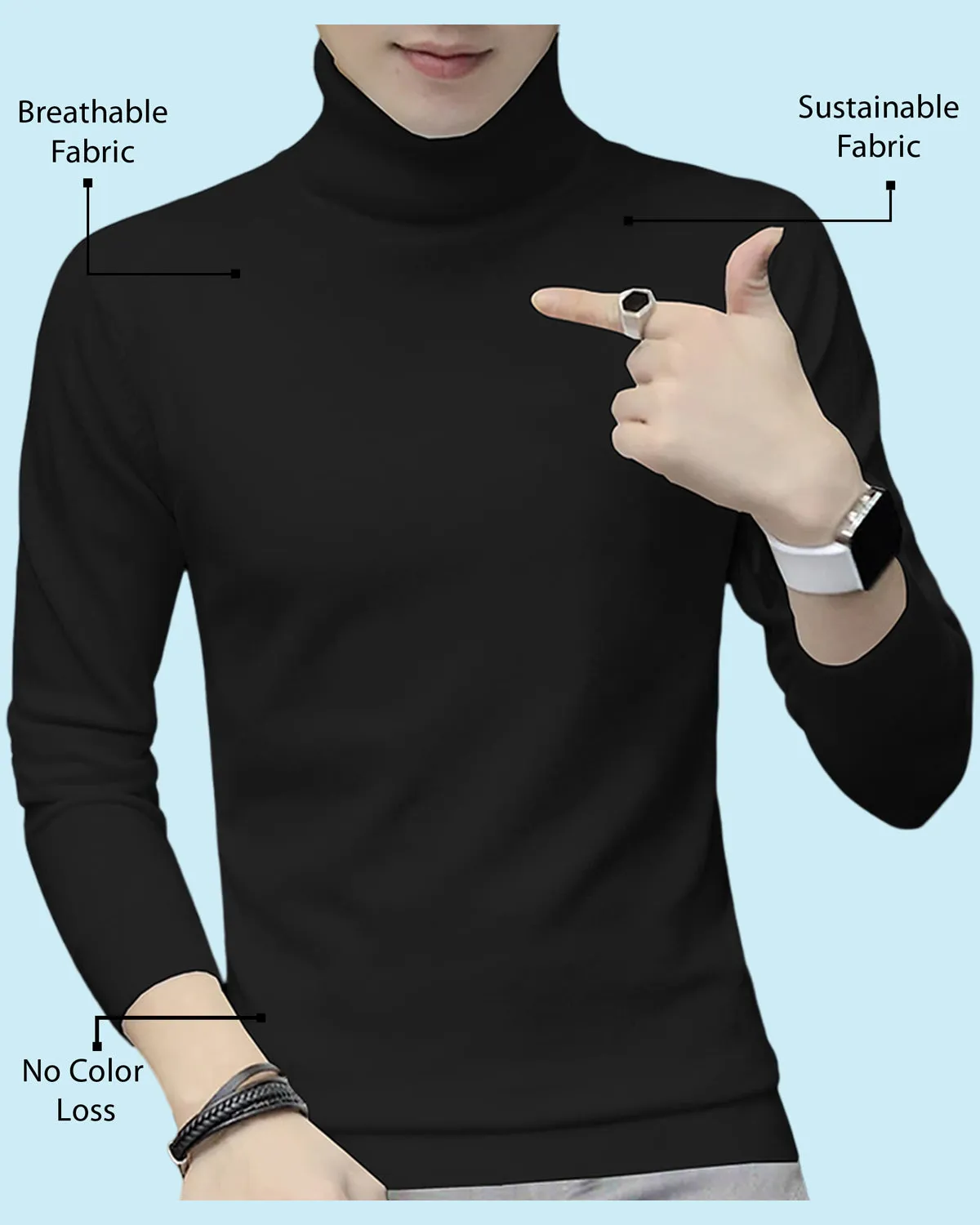 Men High Neck Plain Black Full Sleeve T-shirt