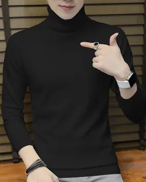 Men High Neck Plain Black Full Sleeve T-shirt