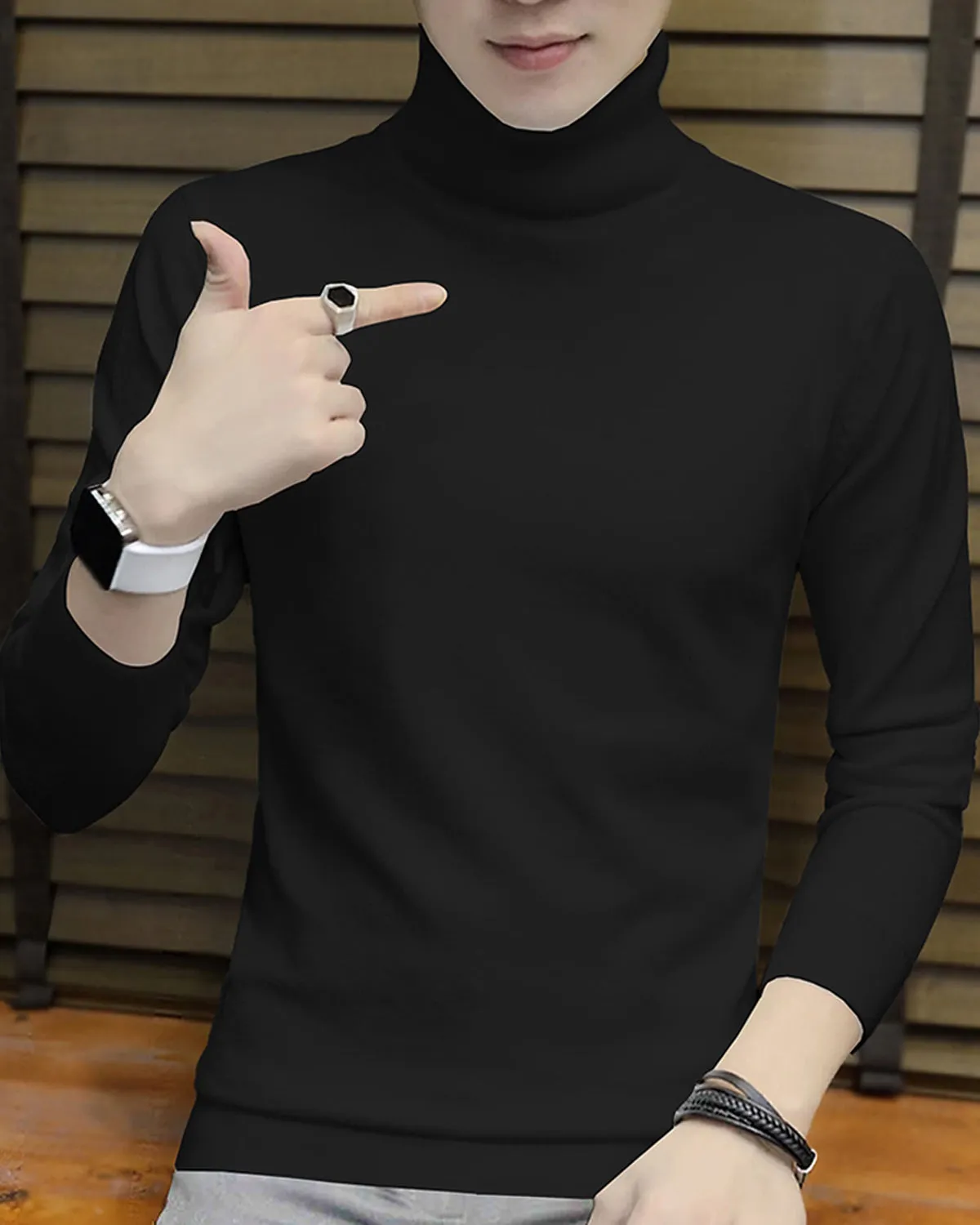 Men High Neck Plain Black Full Sleeve T-shirt