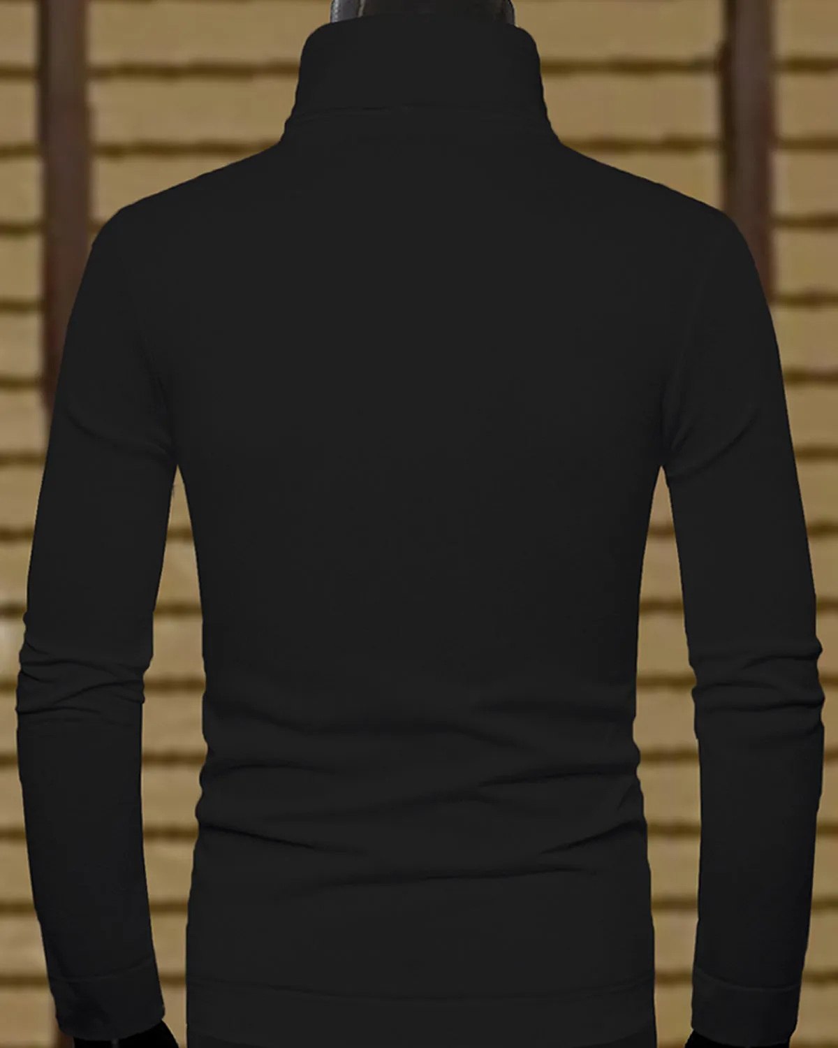 Men High Neck Plain Black Full Sleeve T-shirt