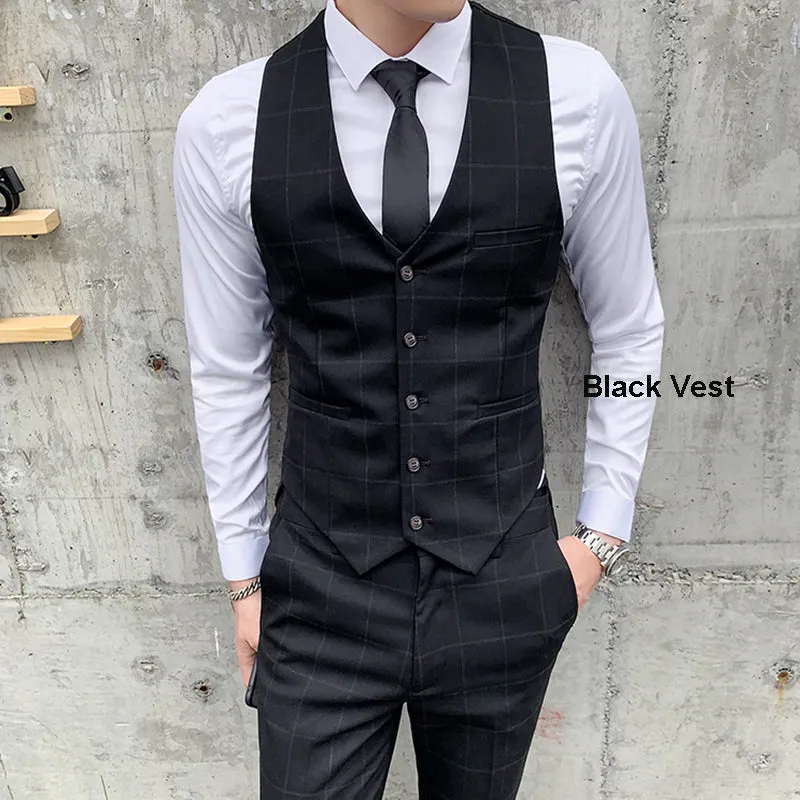 Mens 3 Piece Slim Fit Plaid Suit Formal Business Tuxedos Blazer Vest Pants | 812