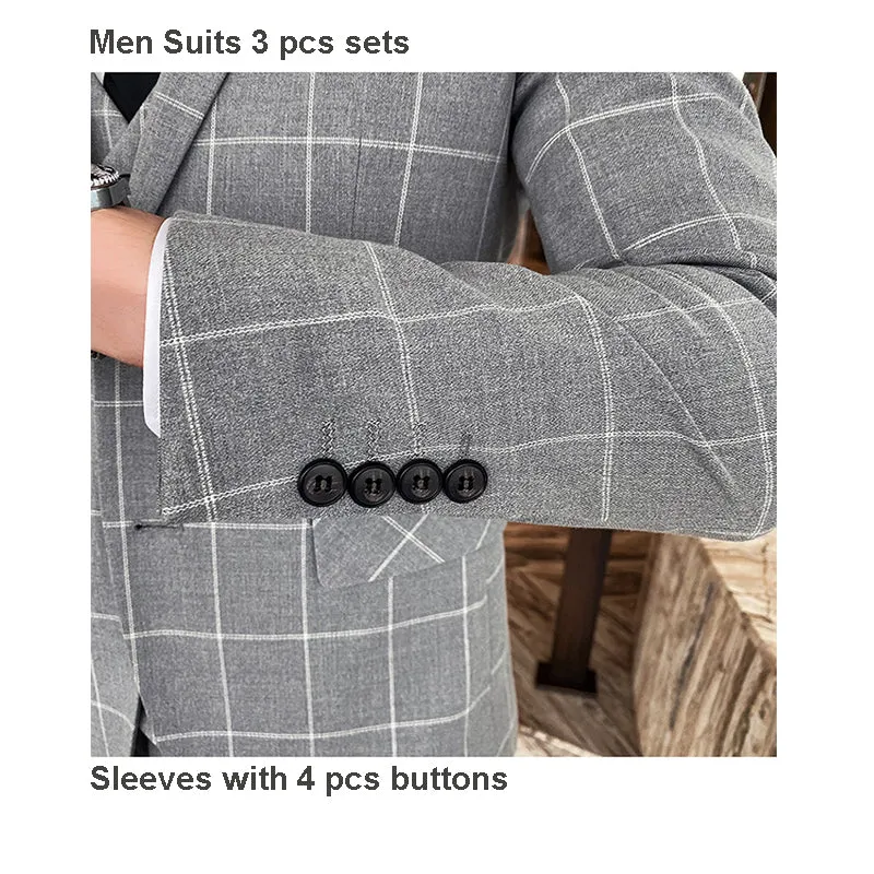 Mens 3 Piece Slim Fit Plaid Suit Formal Business Tuxedos Blazer Vest Pants | 812