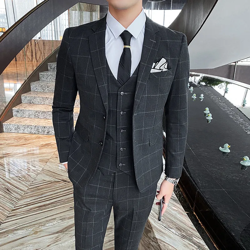 Mens 3 Piece Slim Fit Plaid Suit Formal Business Tuxedos Blazer Vest Pants | 812