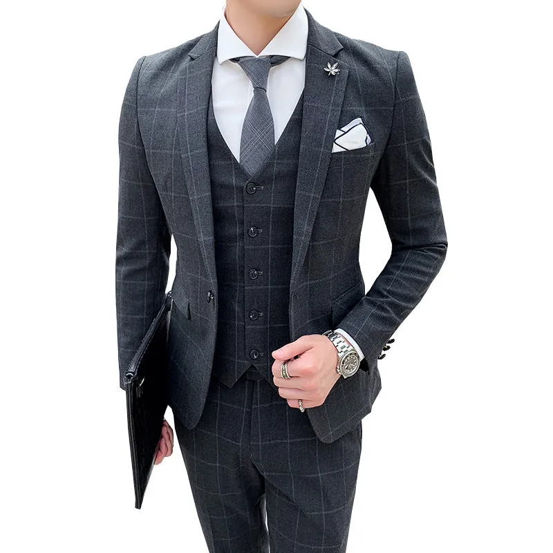 Mens 3 Piece Slim Fit Plaid Suit Formal Business Tuxedos Blazer Vest Pants | 812